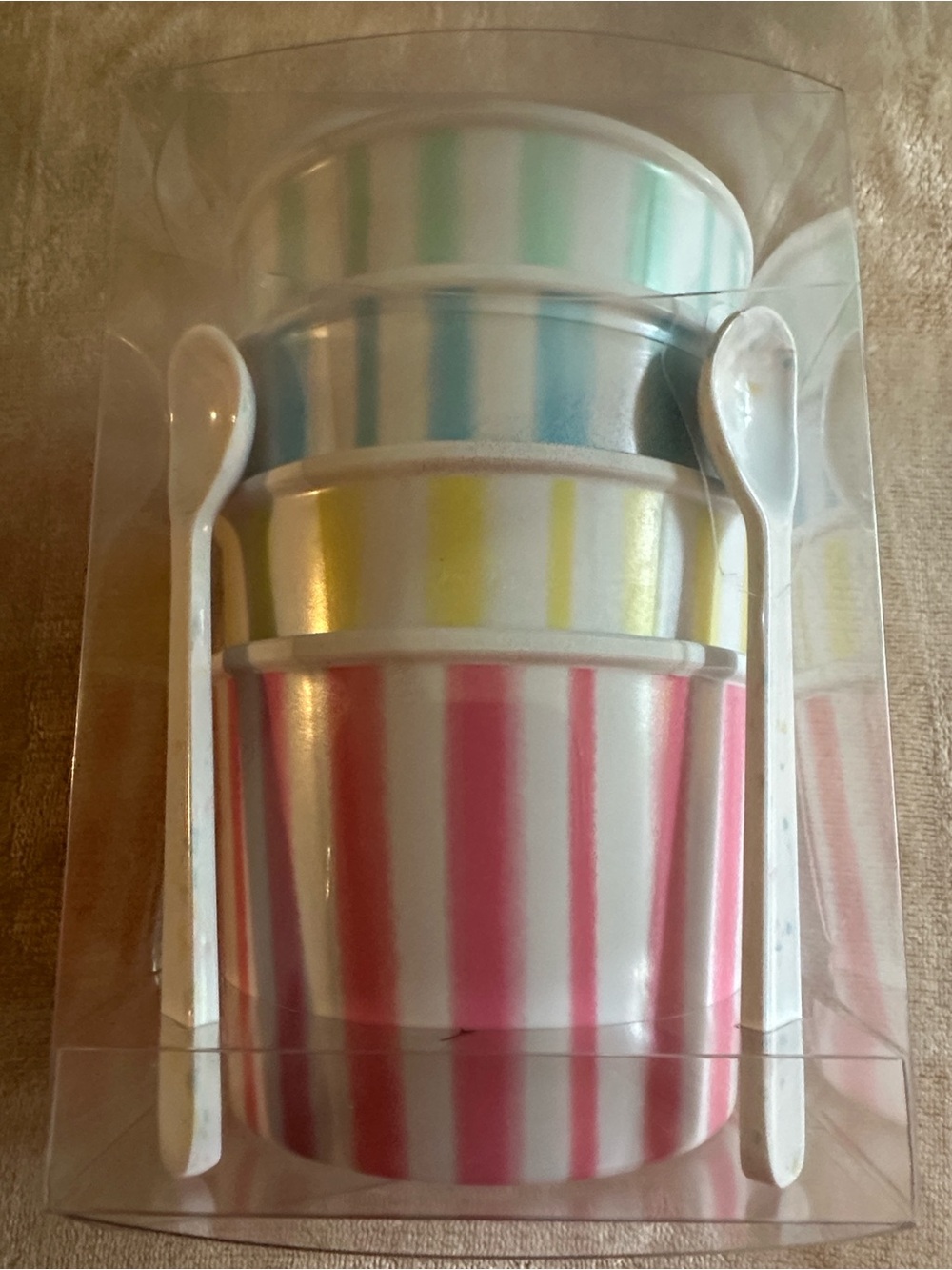 Melamine Striped Pastel Ice Cream Cups with Spoons - Set of 4